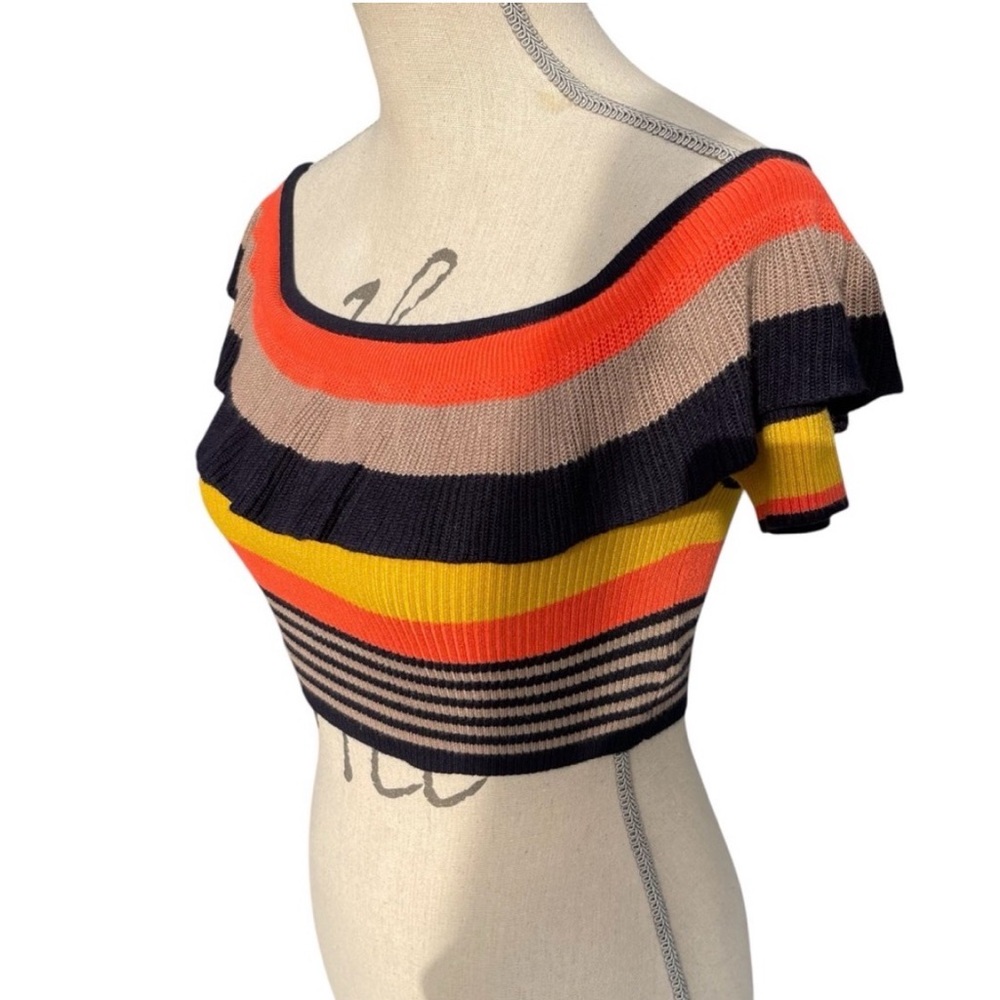 Kimchi Blue Riley Stiped Ruffle Off Shoulder Crop Sweater Top (M) - Picture 6 of 11